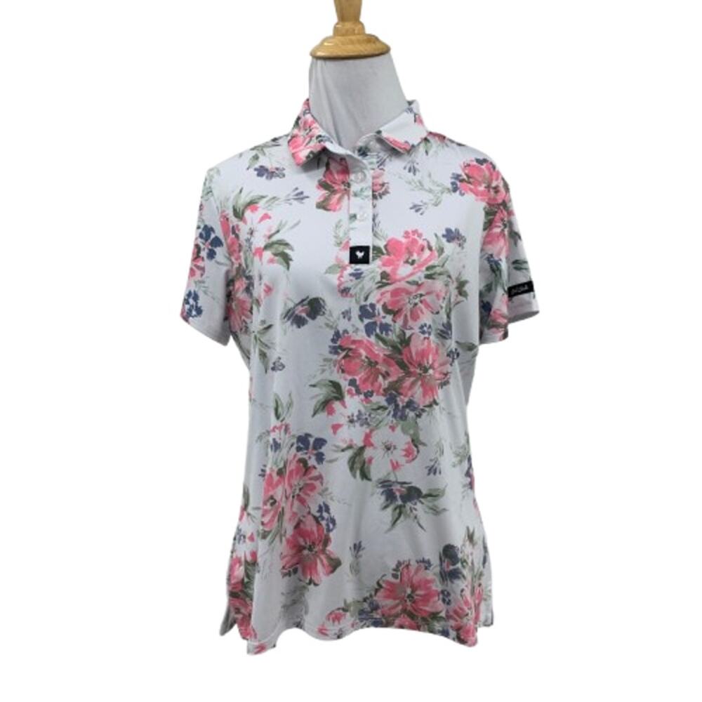 Bad Birdie Polo Shirt Women L Large White Spring Showers Floral Performance Golf